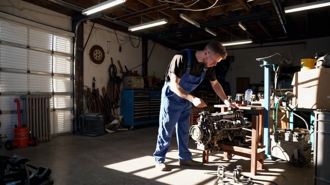 Mechanic Working on a Car Engine in a Garage