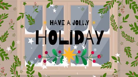 Animation-of-have-a-jolly-holiday-text-over-stars-falling-and-window-at-christmas