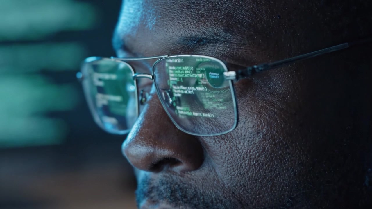 A focused programmer deeply immersed in code, analyzing data and enhancing digital solutions in a modern workspace, showcasing concentration and technical skill