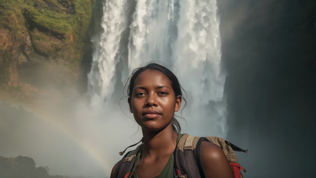Spotting rainbow, woman hiker turning toward waterfall, wearing green top, tan red backpack