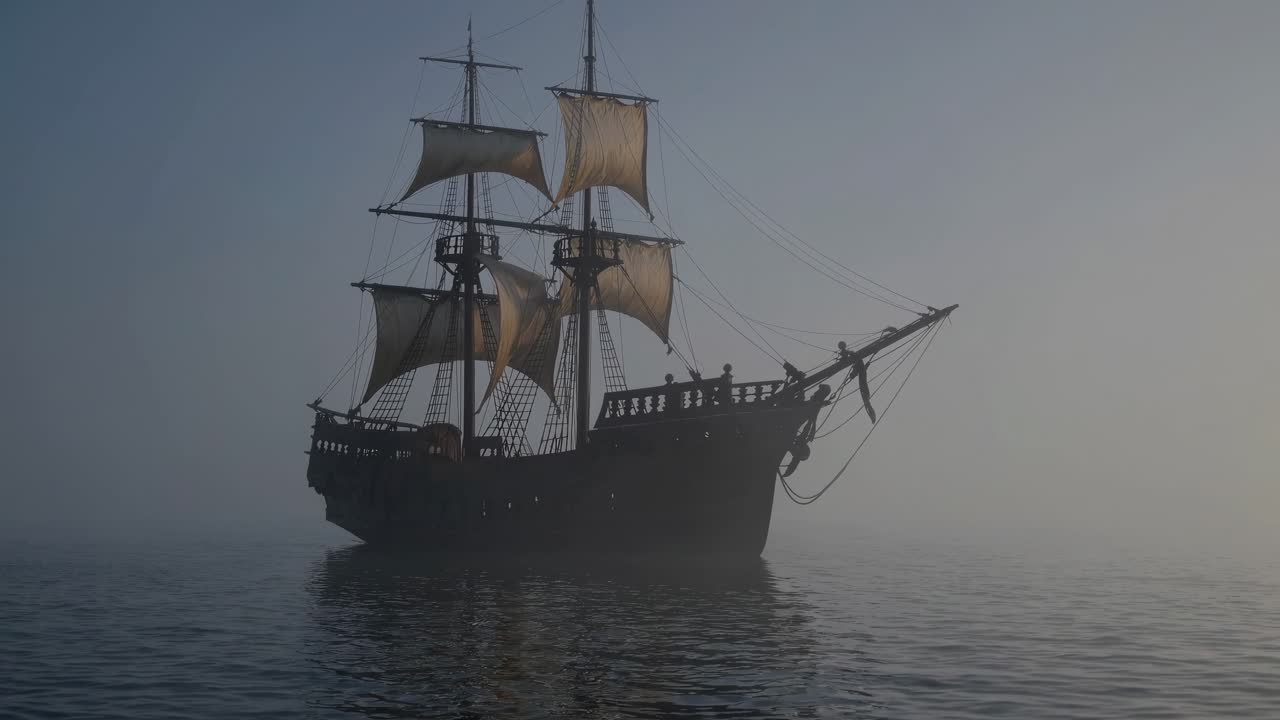 한 안개 속에서 천천히 떠오르는 웅장한 카라벨은 조용한 바다 풍경과 함께 어마어마한 해양 실루을 드러내며 신비롭고 신비로운 해양 분위기를 만니다.