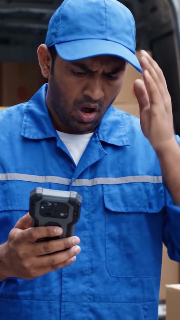 A Delivery Worker in Blue Uniform is Focused on His Phone, Exhibiting Concern as He Checks a Message While Surrounded by Boxes in a Transport Van