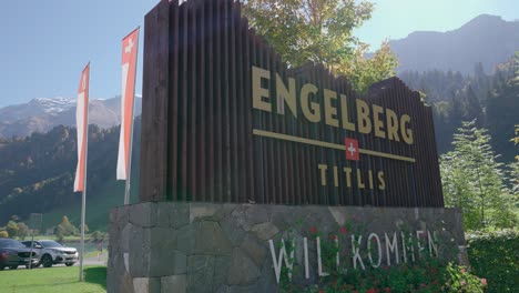 town sign of engelberg, switzerland with stunning mountains in the background