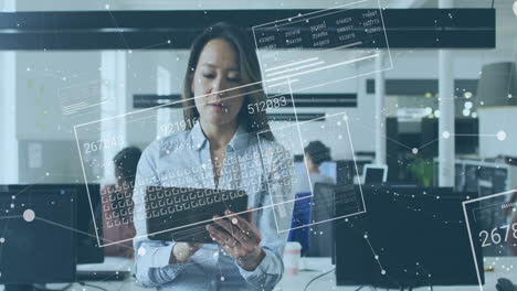 In office, businesswoman using tablet with digital data processing animation