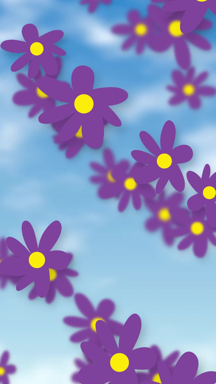 Stylized purple flowers with yellow centers fall vertically against a soft blue cloudy sky background.