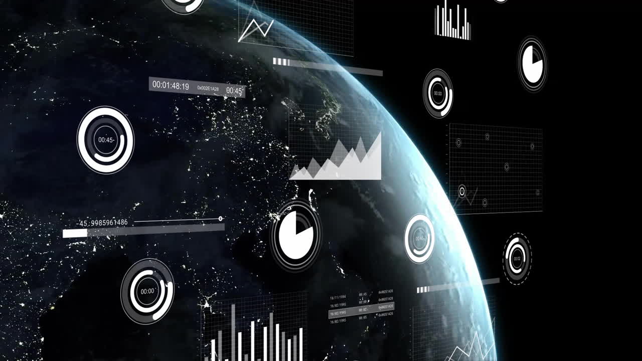 Animation of financial data processing over globe on dark background