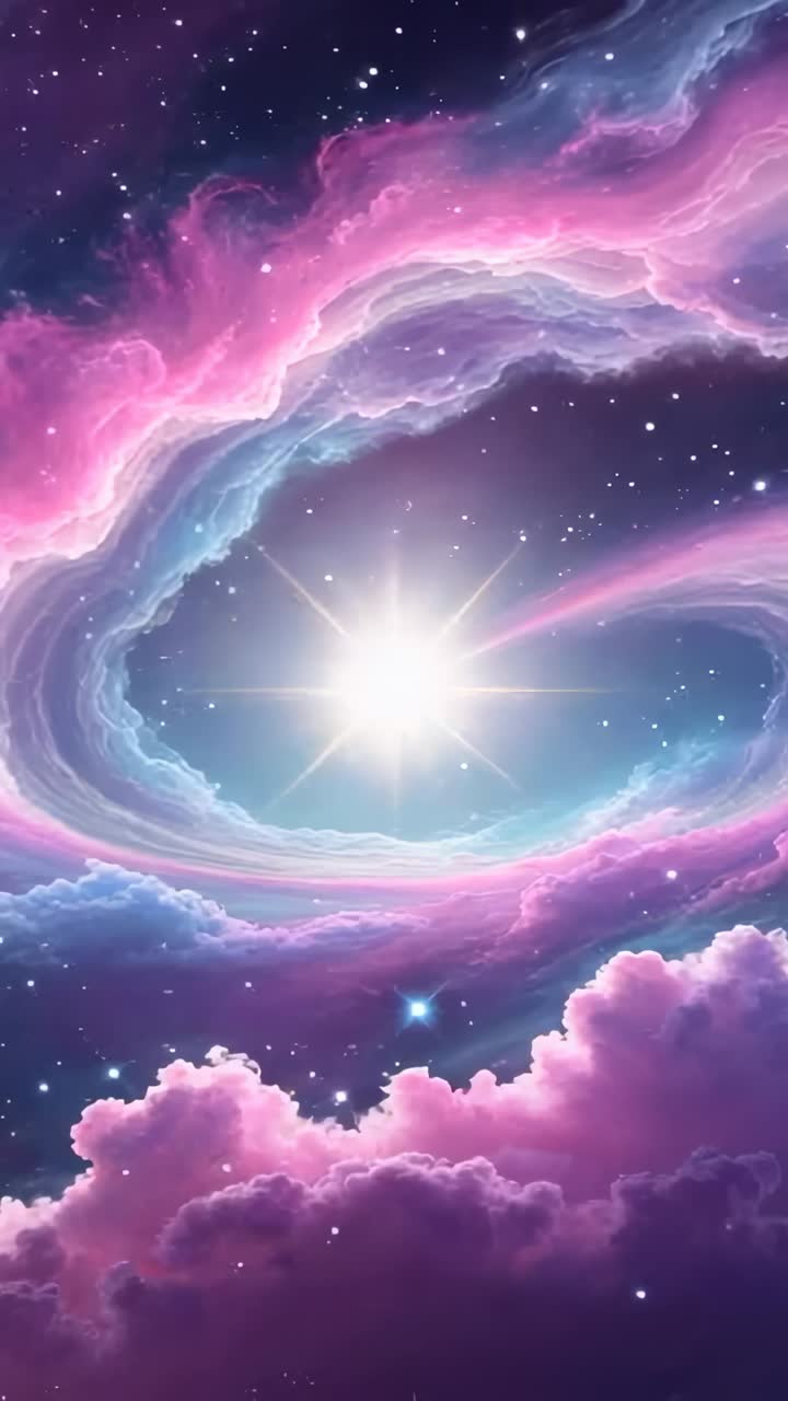 Vertical video: Swirling nebula opening in space, revealing pulsating white star amid pastel clouds