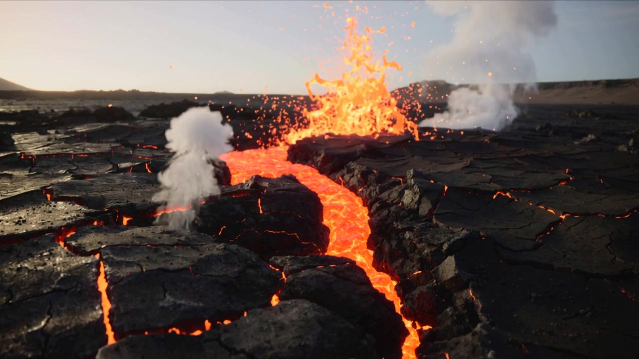 Erupting lava fissure releasing gas and spattering droplets across lava plain, venting steam