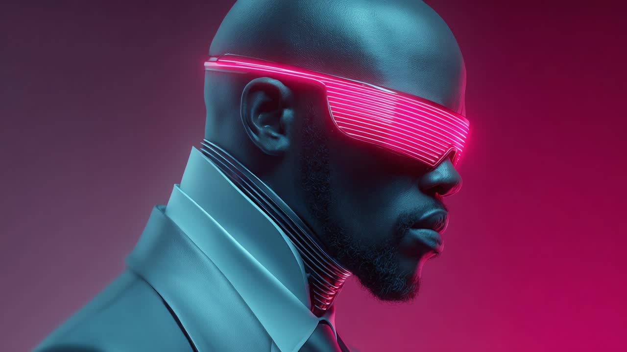 A striking portrayal of a futuristic figure with neon sunglasses, showcasing a blend of modern fashion and technology under vibrant pink lighting, emphasizing bold aesthetics