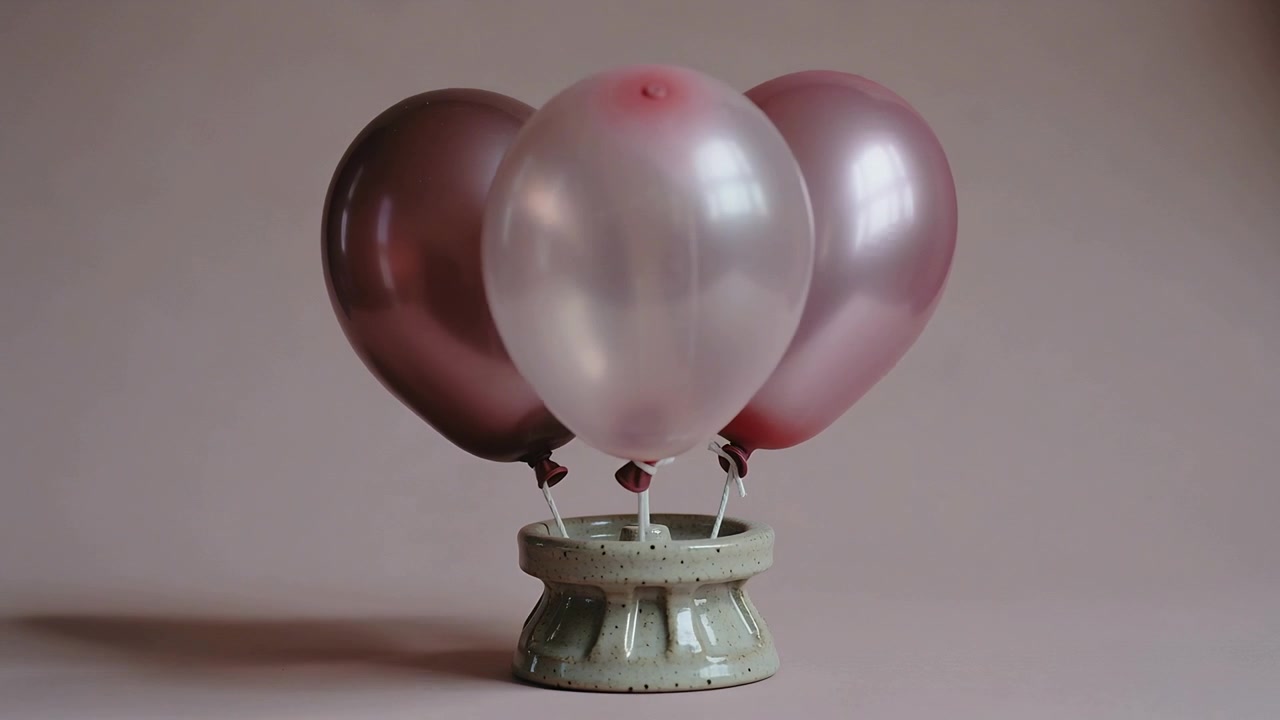Oscillando per una leggera corrente d'aria, tre palloncini ruotano sul tavolo, mostrando una lucentezza perlata e il supporto