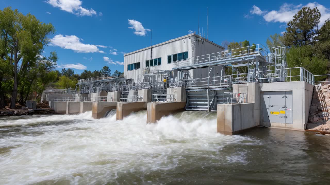 A Modern Hydroelectric Power Plant: Harnessing the River's Flow to Generate Renewable Energy While Showcasing Advanced Engineering and Environmental Integration