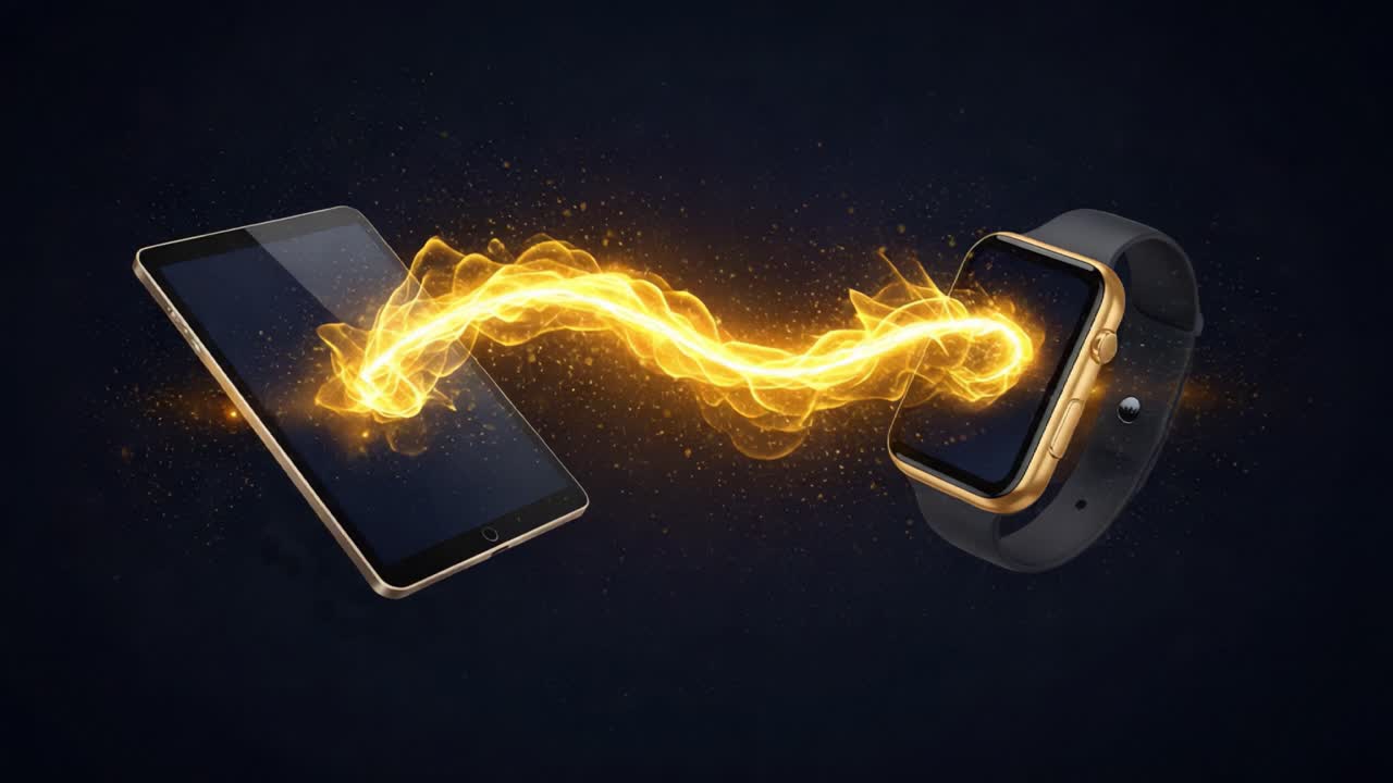 Dynamic Energy Transfer Between Devices: A Visual Representation of Connectivity in Modern Technology Showcasing a Phone and Smartwatch Interaction