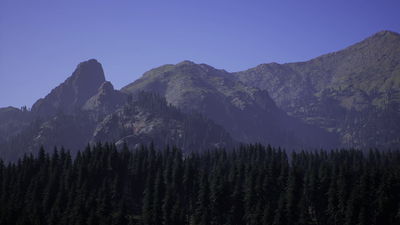 Majestic mountains rise above dense evergreen forest in clear blue sky