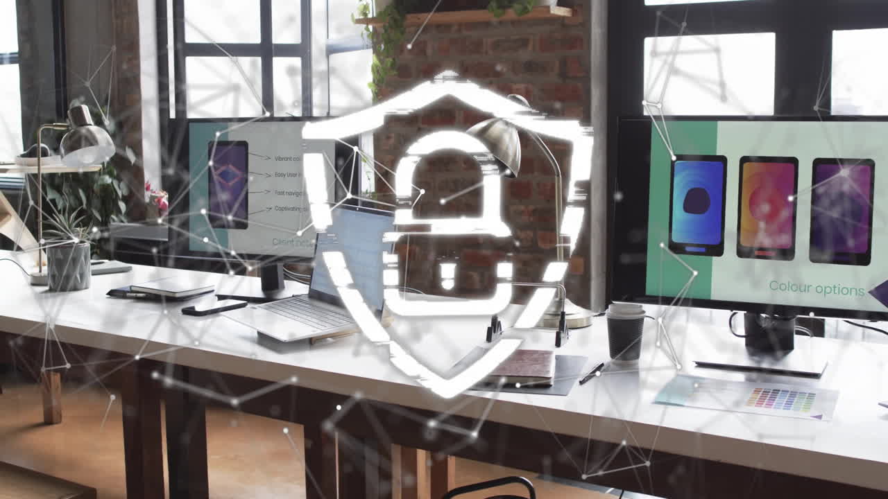 Animation of padlock, connections and data processing over computers on desks in office