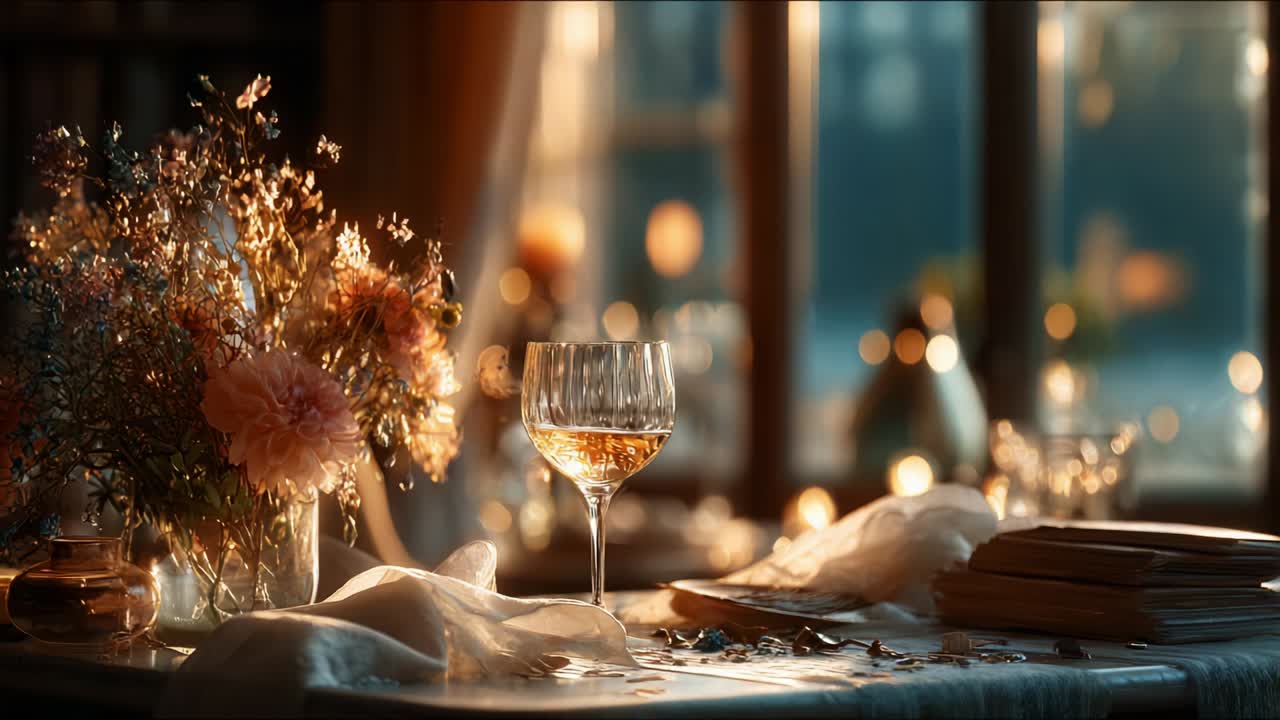 A Soleil-Inspired Elegance: Captivating Still Life of a Luxurious Table Setting with Glimmering Bokeh Lights, Exquisite Floral Arrangement, and a Crystal Glass of Golden Beverage Reflecting Soft Warmth