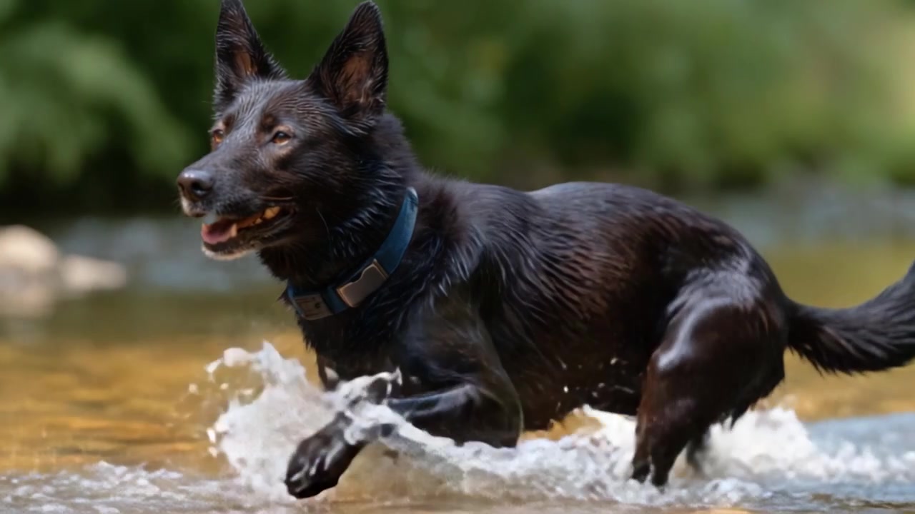 Un vivace cane nero che si diverte a sguazzare giocosamente in acqua bassa, circondato da una vegetazione lussureggiante e dalla luce del sole, catturando l'essenza dell'avventura all'aperto