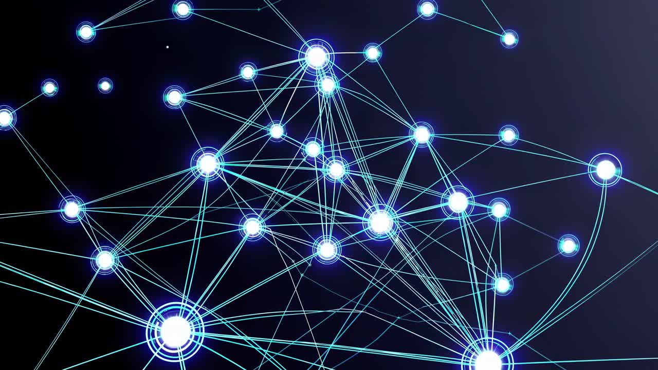 Glowing network nodes are connecting and creating a futuristic representation of global communication, data transfer, and internet technology