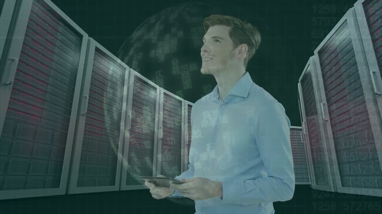 Animation of globe over businessman in server room