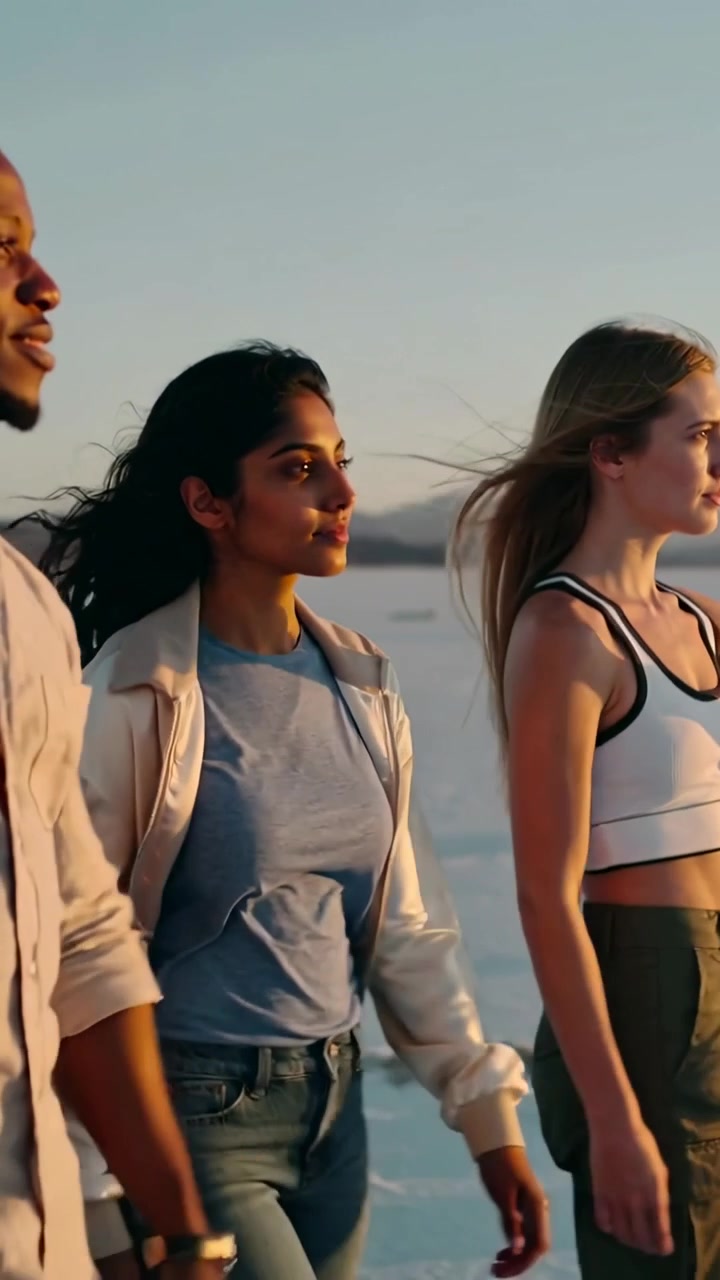 Video verticale: Telecamera che segue due donne che camminano lungo la riva al tramonto, chiacchierando, in crop top e giacca.