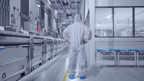 full body back view of asian male scientist putting hands on his hip and looking around at pharmaceutical factory, vaccine production facility
