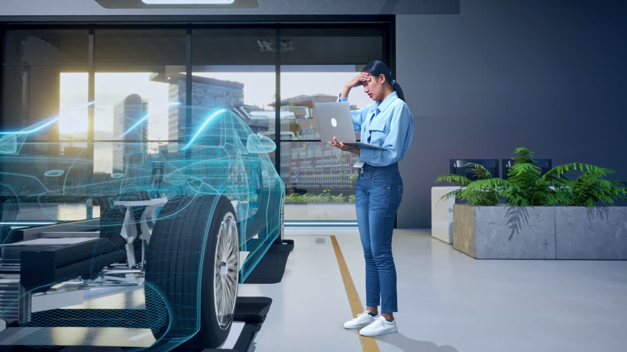 Ingegnere donna che esamina il design di un'auto su laptop