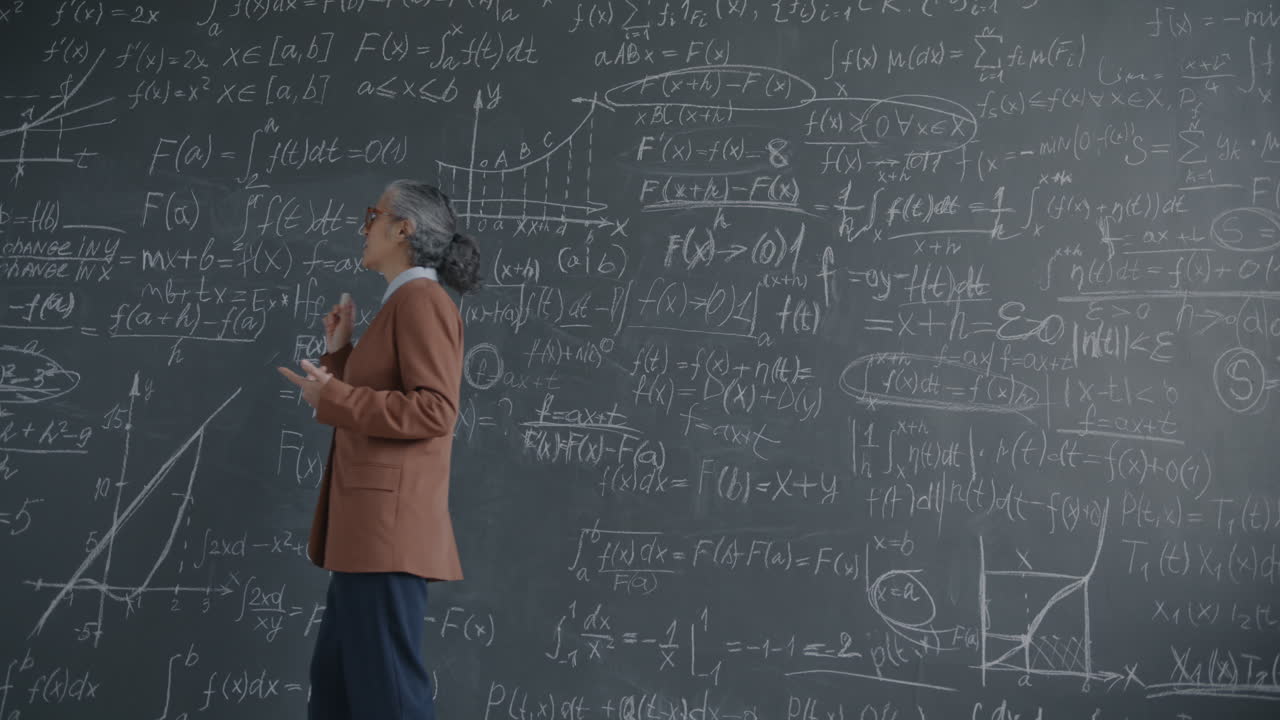 Professor Explaining Complex Mathematical Equations on a Blackboard
