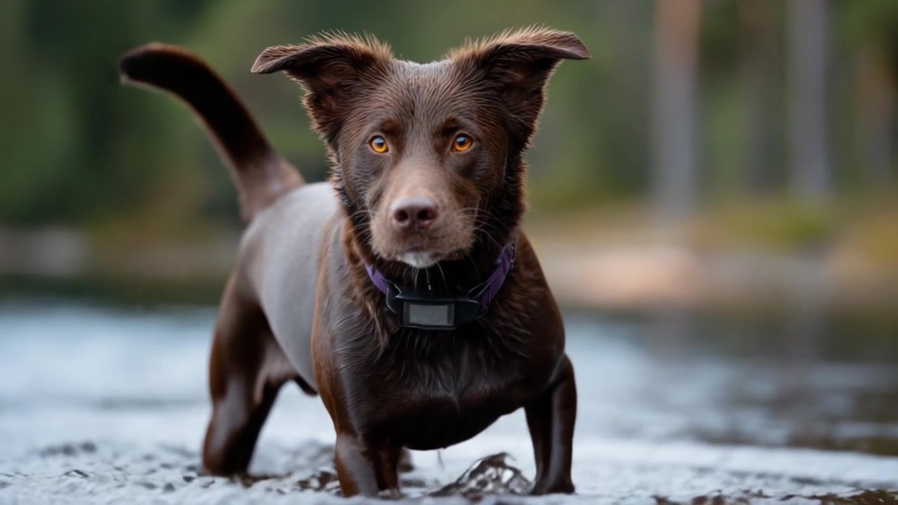 Un giocoso cane marrone sguazza allegramente in un lago sereno, mostrando il suo spirito gioioso e l'amore per l'acqua all'aria aperta, catturando l'essenza dell'avventura.