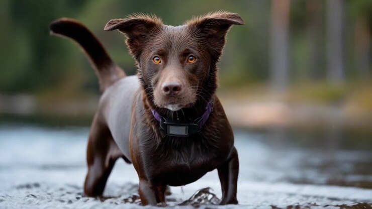 A playful brown dog splashes joyfully through a serene lake, showcasing its joyful spirit and love for water in the great outdoors, capturing the essence of adventure.