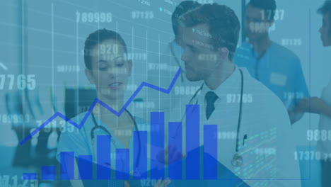 animation of data processing and diagrams over diverse doctors talking in hospital