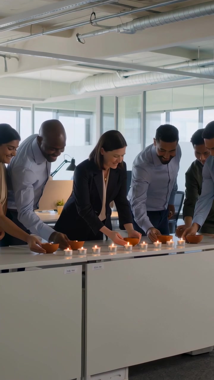 Vertical video: Leaning on cue team placing bowls in office for ritual, in suits aligning tealights