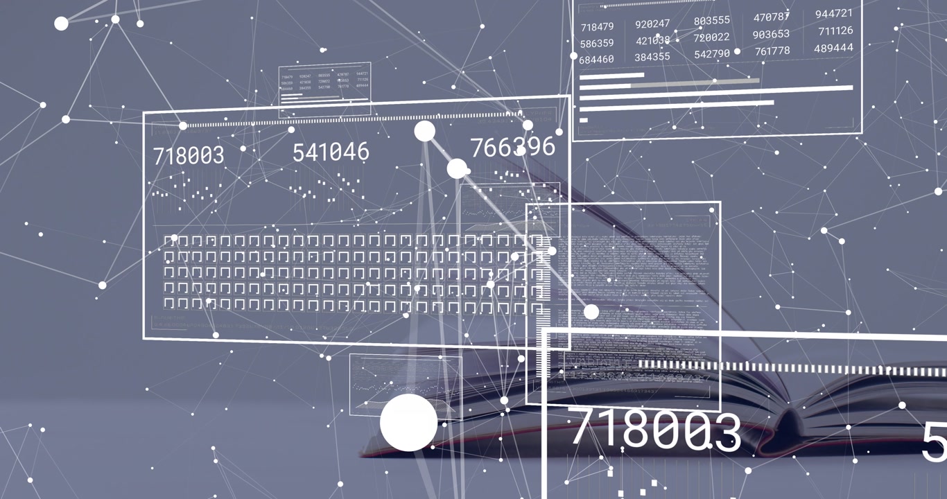 Open book anchoring tabletop, panels sliding right and top, driving node linking readouts for tech