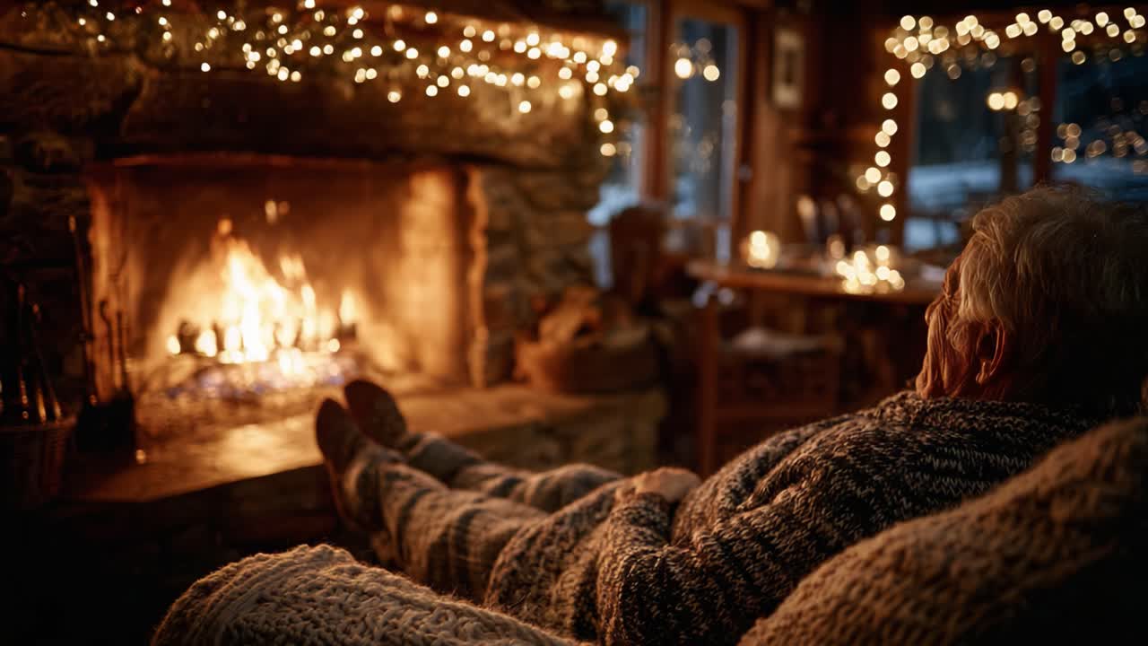 Cozy Evening by the Fireplace: A Serene Moment of Reflection Amidst Twinkling Lights and Warmth in a Rustic Living Space