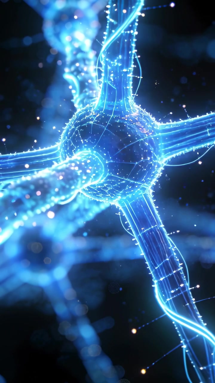 Vertical video: Brightening neuron starting sparks moving along filament in neural net signaling