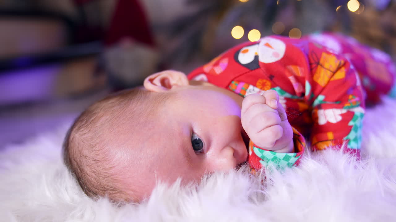 Sweet baby in red clothes lies on his side on white plaid. Mother touches her little son lovingly. Blurred backdrop.