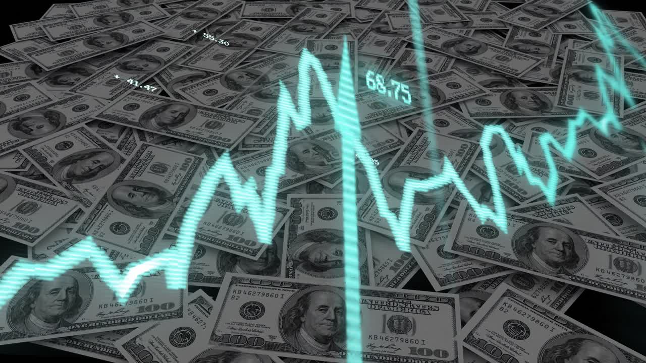 animación del procesamiento de datos financieros sobre billetes de dólares estadounidenses