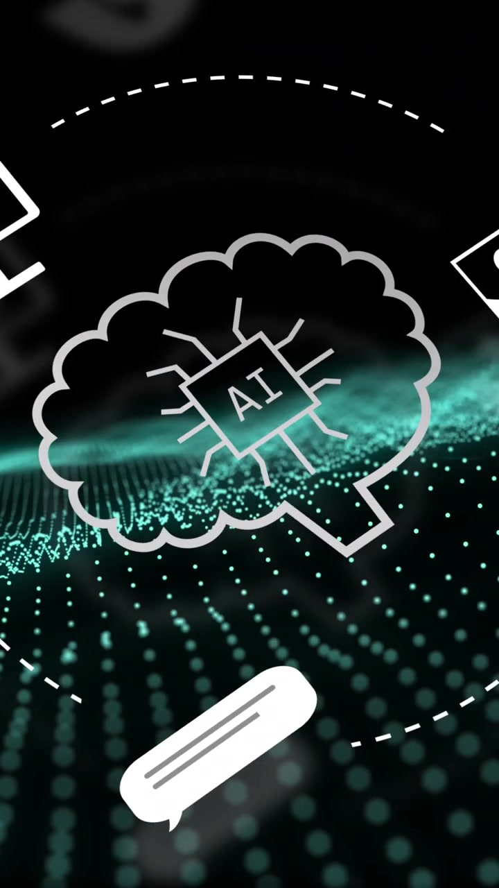 Animation of ai data processing over green mesh and dark background