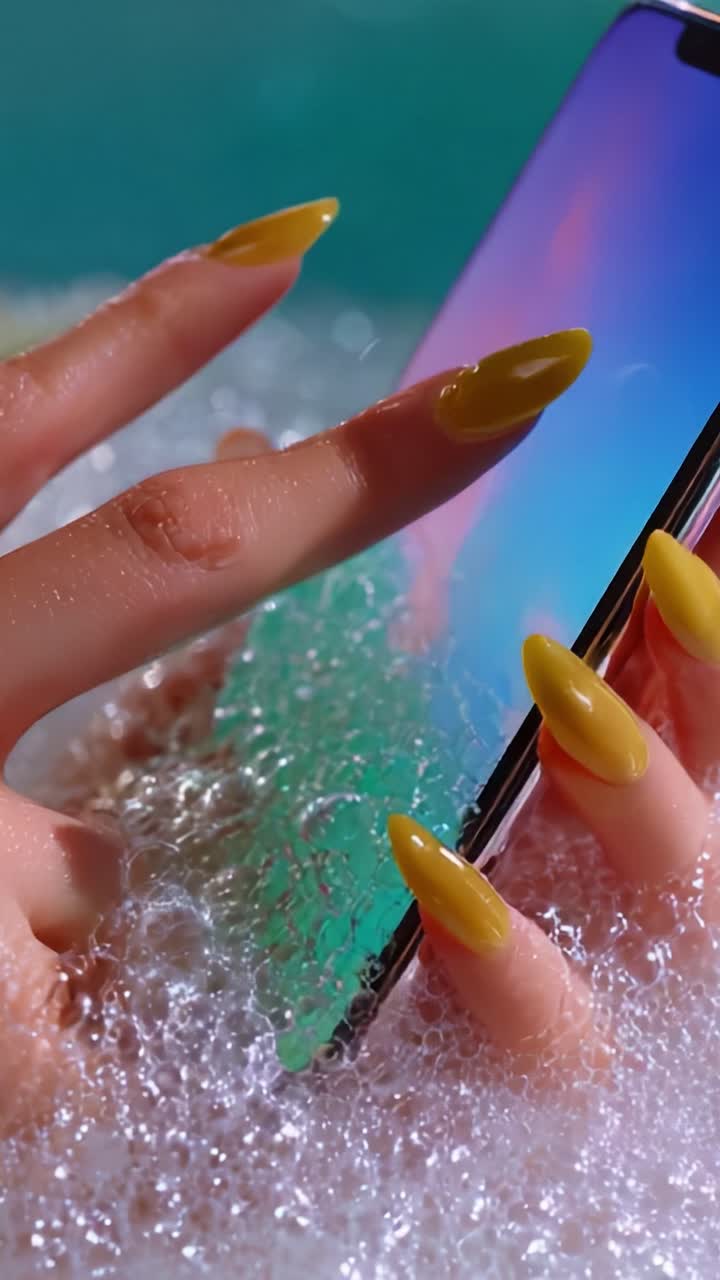 A Close-Up View of a Stylish Hand With Yellow Nails Gently Touching a Smartphone Screen Surrounded by Bubbles, Capturing the Elegance of Modern Technology and Beauty in a Playful Setting