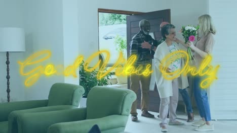 Animation-of-neon-good-vibes-only-text-over-two-senior-couples-greeting-each-other-at-home