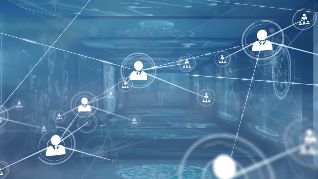 백그라운드에서 여러 의료 인터페이스에 대한 선으로 연결된 아이콘의 애니메이션