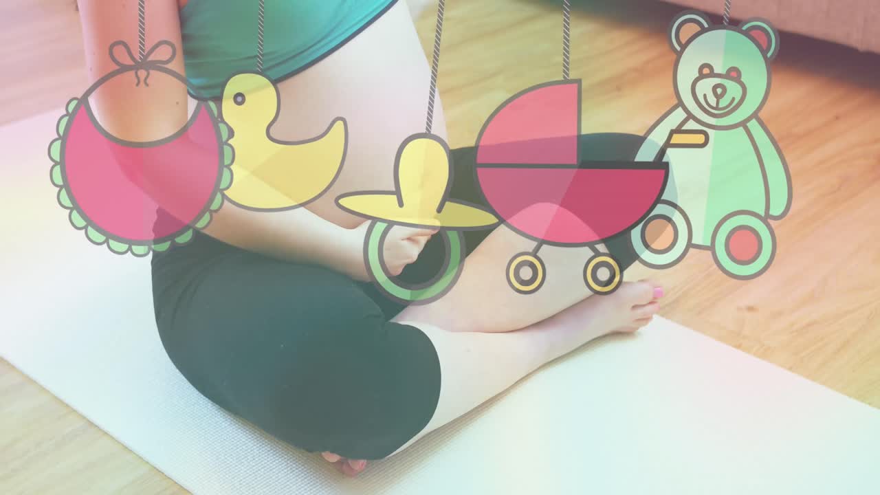 집에서 운동하는 백인 임산부 위의 장난감 아이콘의 애니메이션