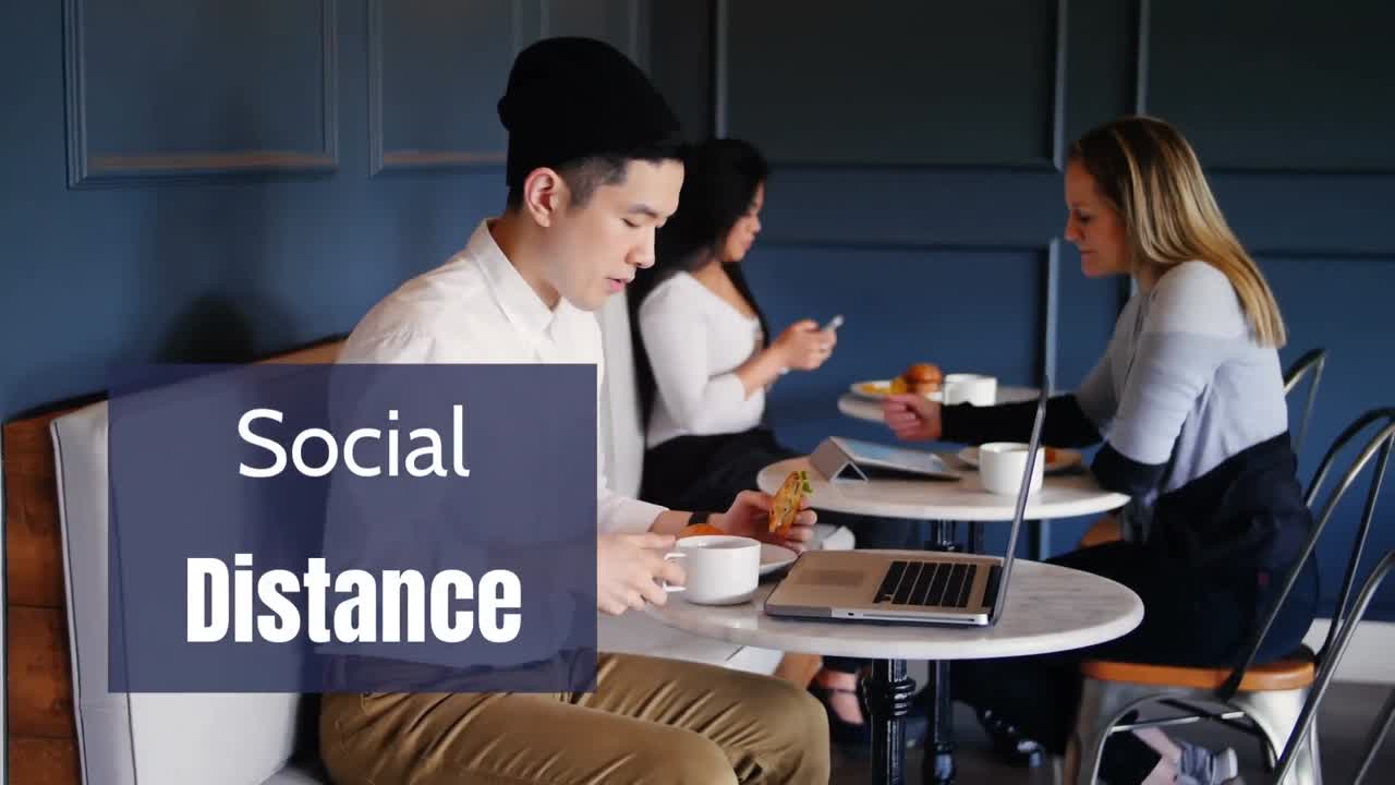 일하는 사람들과 아침 식사를 하는 사람들에 대한 사회적 거리 단어의 애니메이션