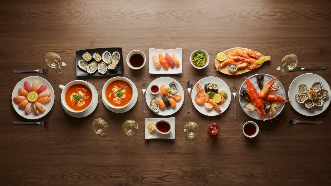 A Lavish Seafood Feast Displaying an Array of Delicacies, Including Fresh Sushi, Lobster, Oysters, and Satisfying Bowls of Soup on an Elegant Wooden Table Setting