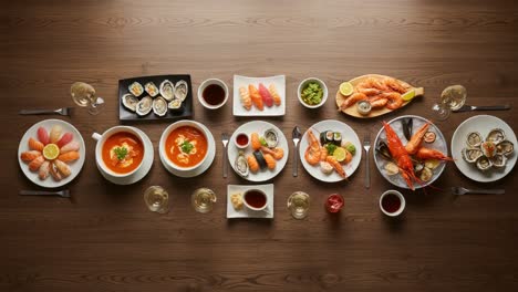 a lavish seafood feast displaying an array of delicacies, including fresh sushi, lobster, oysters, and satisfying bowls of soup on an elegant wooden table setting