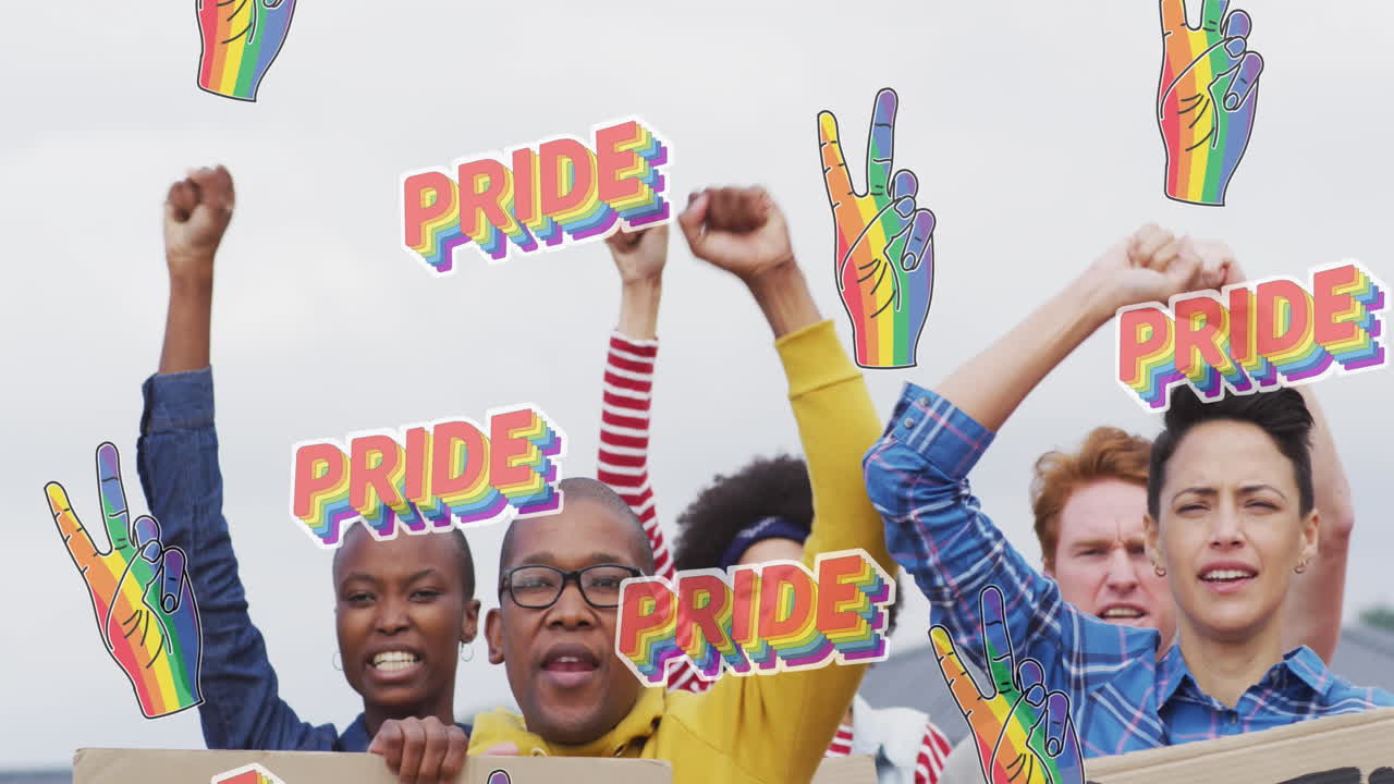Animation of rainbow hands and pride over diverse protesters with banners