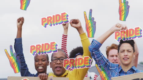 animation of rainbow hands and pride over diverse protesters with banners