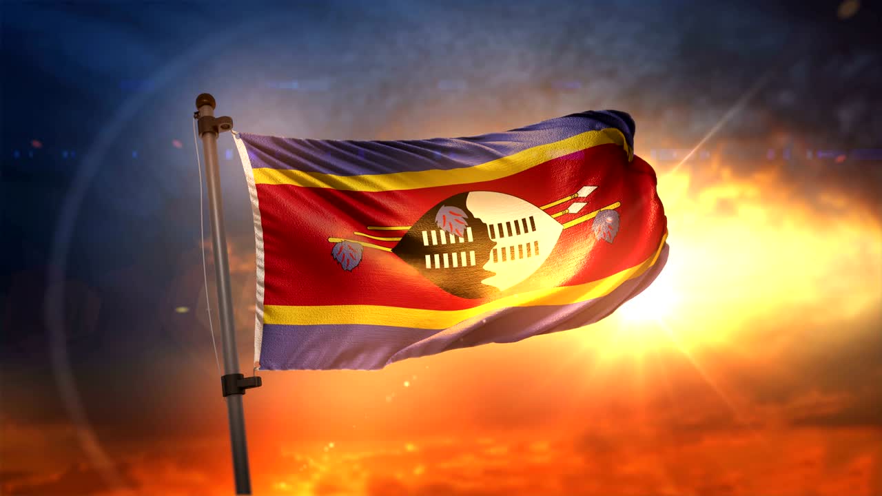 Swaziland Flag Backlit At Beautiful Sunrise Loop Slow Motion 4K