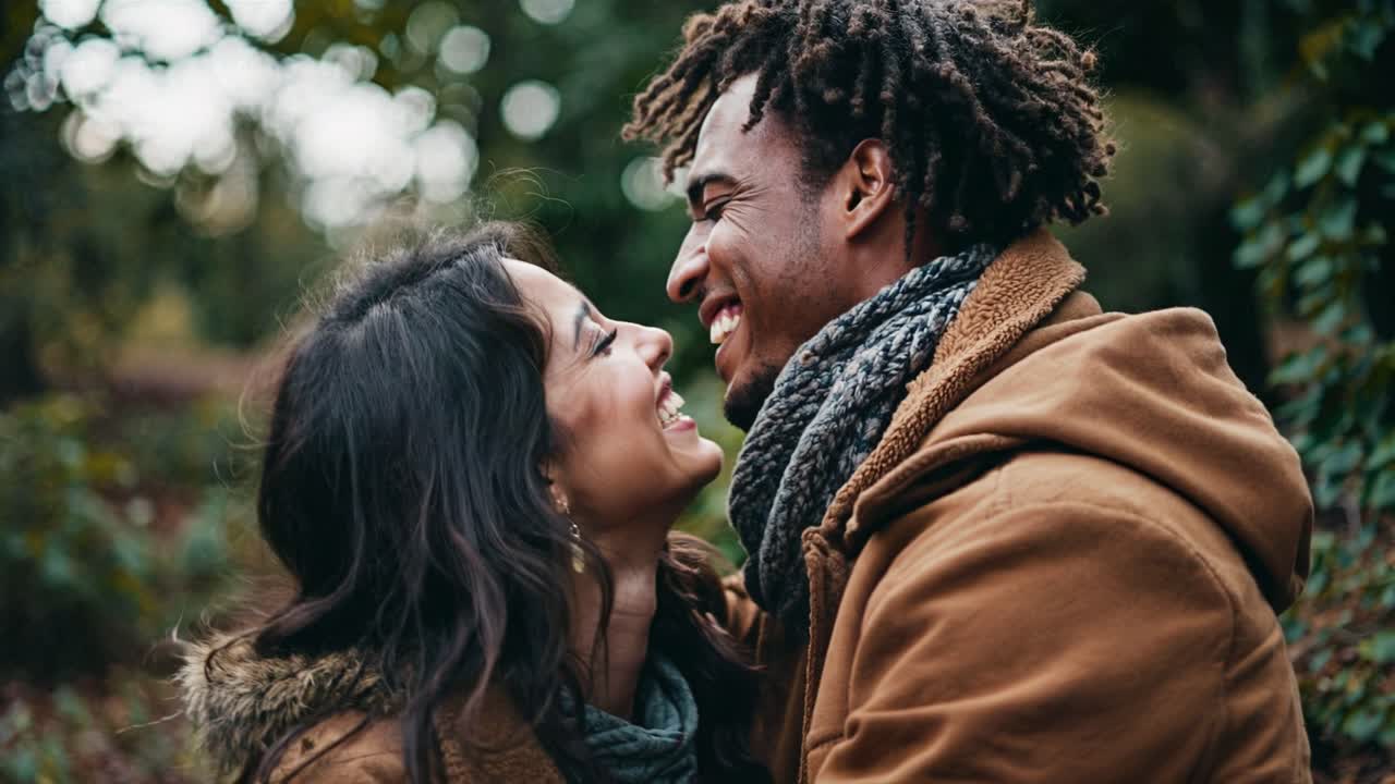 A couple enjoys a delightful moment together amidst lush greenery on a cool afternoon. Smiling and gazing into each other's eyes, they share warmth and laughter while dressed in cozy outerwear. Their genuine connection is evident as they lean in for an affectionate close embrace. The natural setting