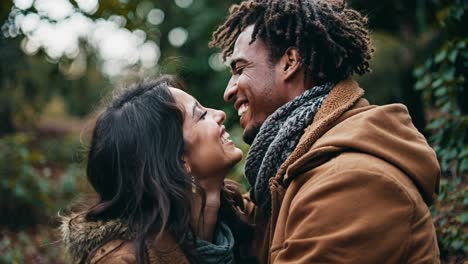 a couple enjoys a delightful moment together amidst lush greenery on a cool afternoon. smiling and gazing into each other's eyes, they share warmth and laughter while dressed in cozy outerwear. their genuine connection is evident as they lean in for an affectionate close embrace. the natural setting