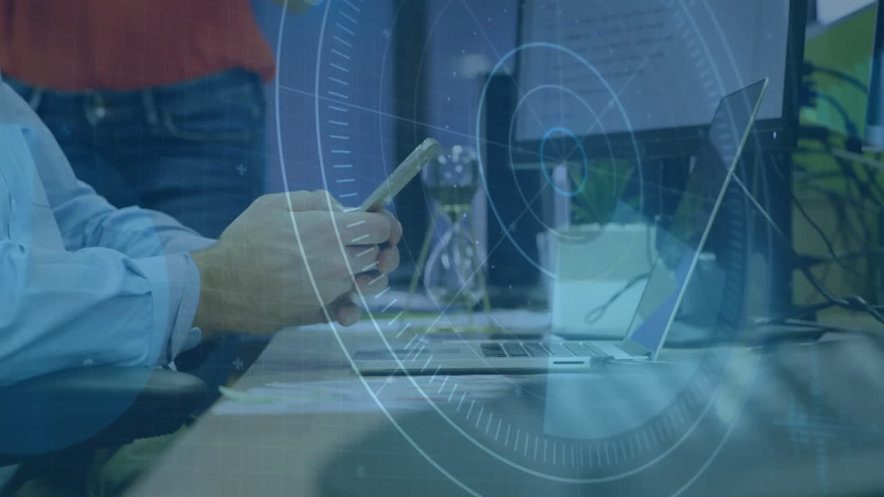 Animation of scope scanning over caucasian businessman using smartphone