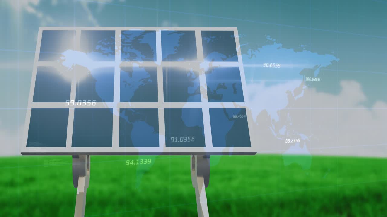 Animazione di icone su server e paesaggio soleggiato